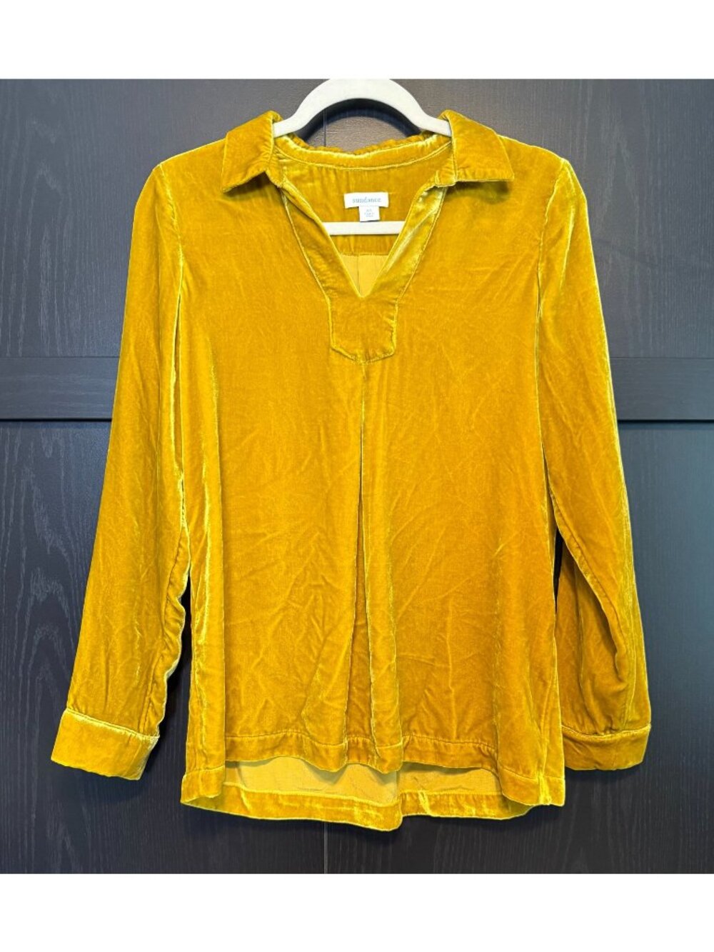 Sundance Women's Silk Velvet Long Sleeve Collared Gold Blouse XS Retro Boho